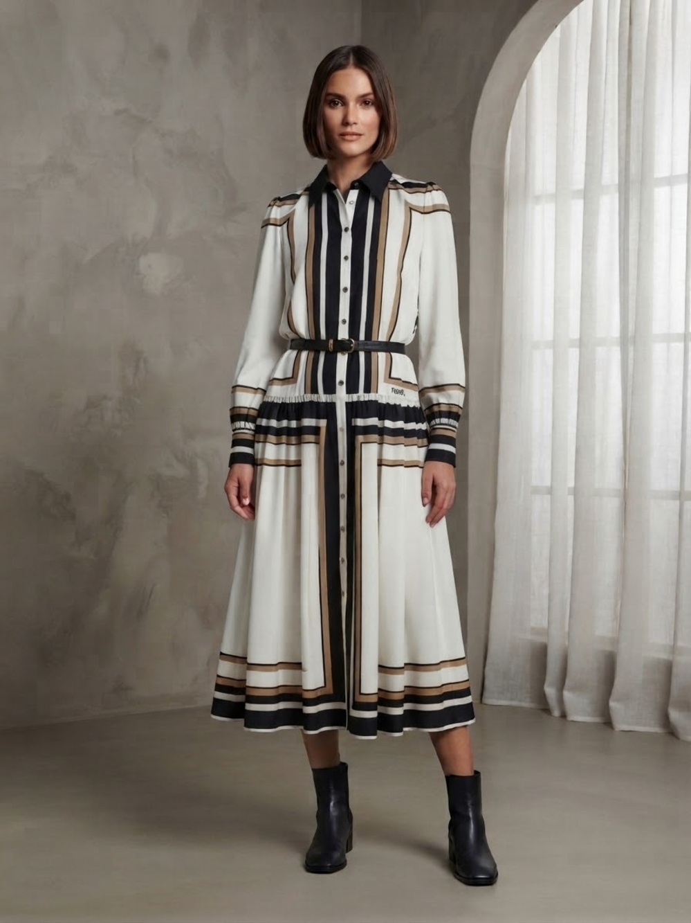 Karl Lagerfeld Paris White Midi Shirt Dress with Black and Tan Stripes - Picture 3 of 14